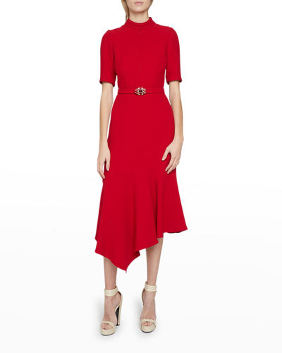Andrew Gn Crystal-belted Asymmetric Midi Dress In Red