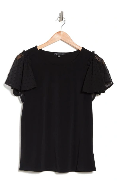 Adrianna Papell Swiss Dot Ruffle Knit Top In Black