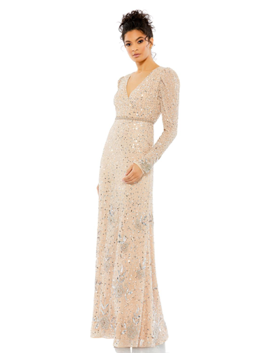 Mac Duggal Sequined Floral Embellihsed Long Sleeve Gown In Beige