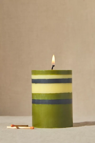 British Colour Standard Striped Pillar Candle In Green