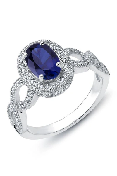 Lafonn Platinum Plated Sterling Silver Simulated Diamond & Blue Lab-grown Sapphire Center Ring In White/sapphire