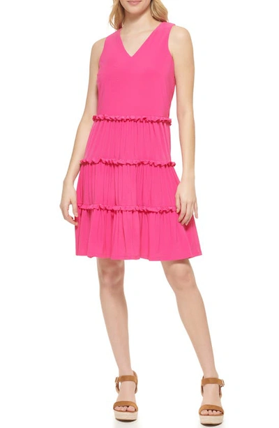 Tommy Hilfiger V-neck Sleeveless Tiered Jersey Shift Dress In Hibiscus