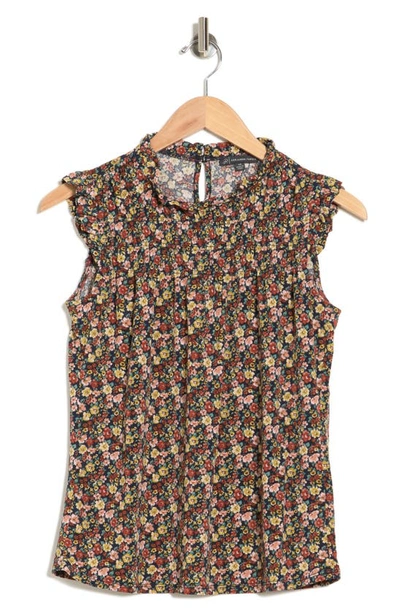 Adrianna Papell Printed Ruffle High Neck Top In Navy/ Clay Timeless Floral