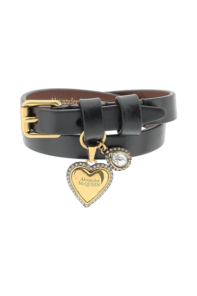 Alexander Mcqueen Leather Bracelet With Heart Charm In Black