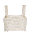 Balmain Cropped Button-embellished Metallic Bouclé-tweed Top In Blanc/or