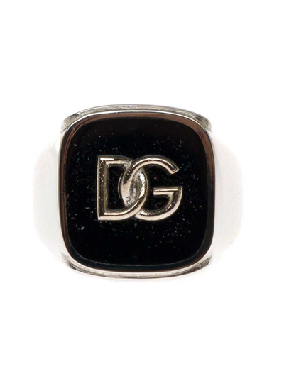 Dolce & Gabbana Man's Black Enameled Brass Ring With Logo In Metallic