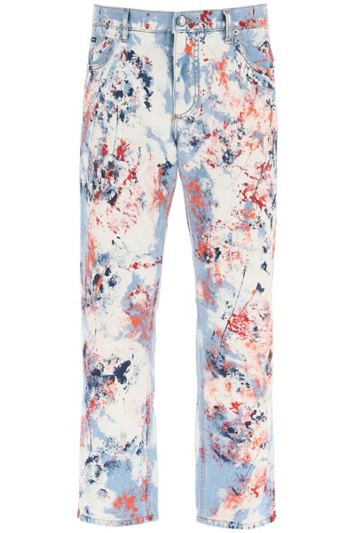 Dolce & Gabbana Marbled Print Jeans In Blue,white,red
