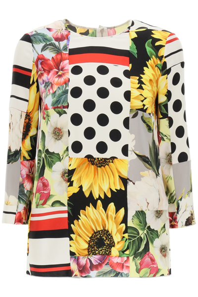 Dolce & Gabbana Patchwork Charmeuse Blouse In Red,yellow,black