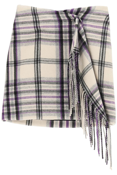 Msgm Checkered Mini Skirt With Fringes In Beige,black,purple,grey
