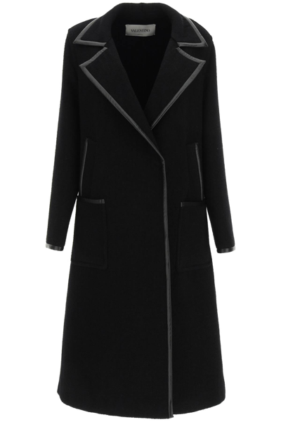 Valentino Boucle' Coat With Leather Trims In Black