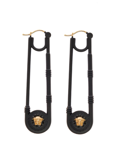 Versace Safety Pin Brass Drop Earrings In Black