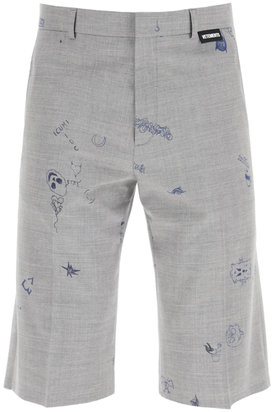 Vetements Scribbled Wool Shorts In Grey,blue