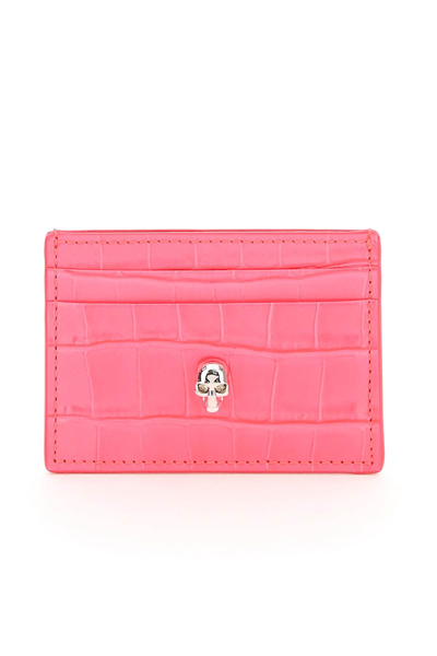 Alexander Mcqueen Croco-embossed Leather Skull Card Holder In Pink