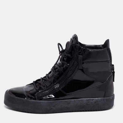 Pre-owned Giuseppe Zanotti Black Leather And Patent Double Zipper High Top Trainers Size 41