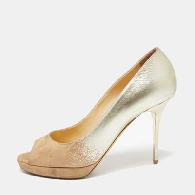 Pre-owned Jimmy Choo Beige/gold Suede And Leather Peep-toe Platform Pumps Size 37.5