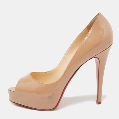 Pre-owned Christian Louboutin Beige Patent Leather Very Prive Peep Toe Platform Pumps Size 37.5