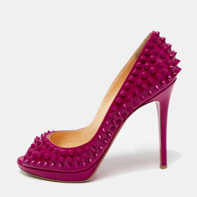 Pre-owned Christian Louboutin Hot Pink Patent Leather Yolanda Spiked Peep-toe Pumps Size 38.5