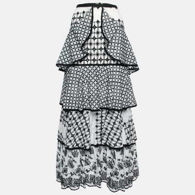Pre-owned Just Cavalli Monochrome Embroidered Eyelet Cotton Tiered Maxi Skirt M In White