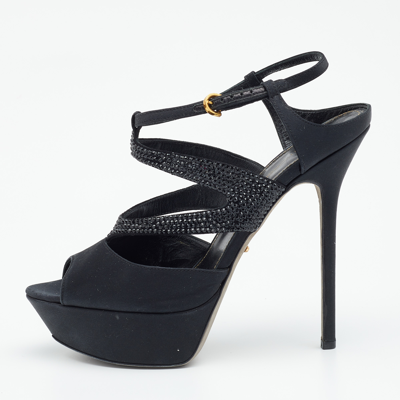 Pre-owned Sergio Rossi Black Satin Embellished Ankle Strap Sandals Size 39