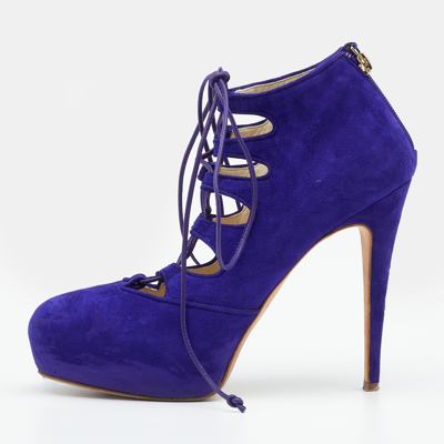Pre-owned Brian Atwood Purple Suede Lace Up Booties Size 38.5