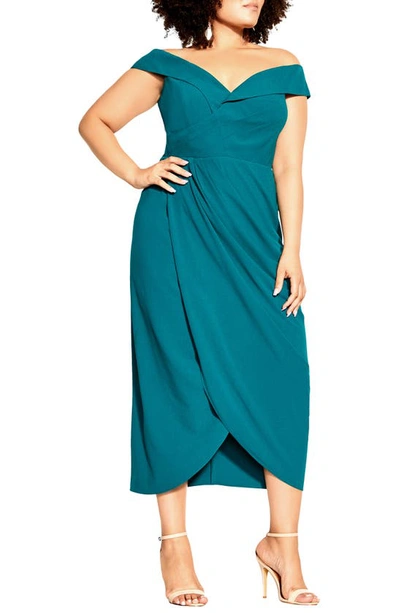 City Chic Ripple Love Off The Shoulder Maxi Dress In Turquoise