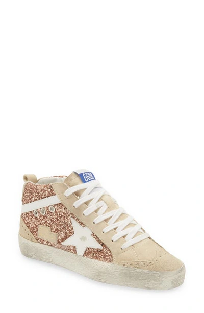 Golden Goose Mid Star Glitter Upper Leather Star Sneakers In Peach Pearl White