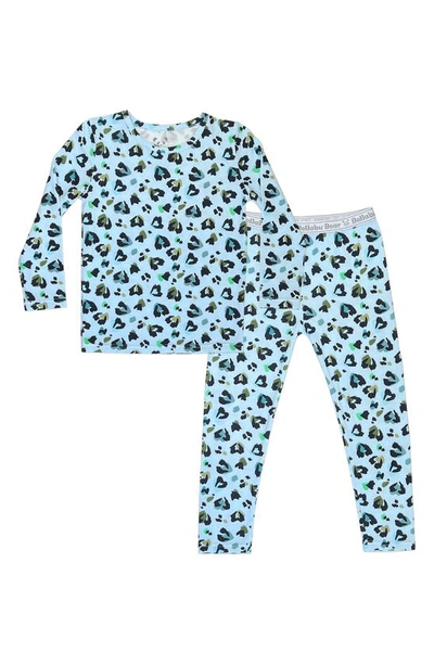 Bellabu Bear Kids' Blue Leopard Fitted Two-piece Pajamas In Blue Leopard Print