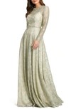 Mac Duggal Floral Sequin Lace Long Sleeve A-line Gown In Green