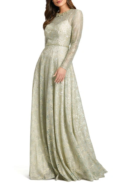 Mac Duggal Floral Sequin Lace Long Sleeve A-line Gown In Green