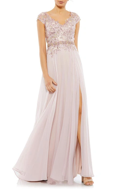 Mac Duggal Beaded Sequin Cap Sleeve A-line Gown In Rose