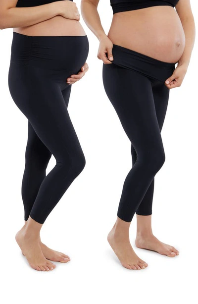 Ingrid And Isabel Set Of 2 Fold Down Waist Maternity Leggings In Black / Black