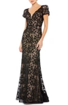 Mac Duggal Lace Plunge Neck Short Puff Sleeve Trumpet Gown In Black Nude