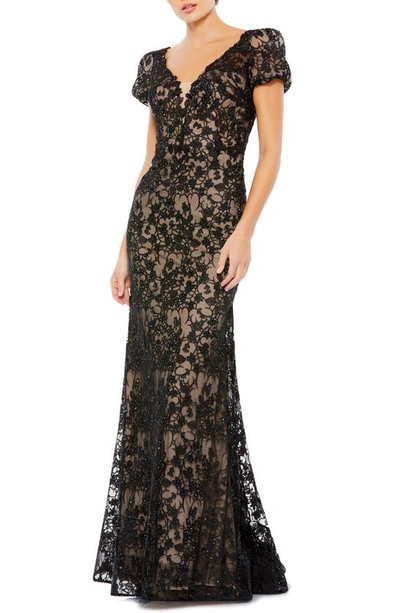 Mac Duggal Lace Plunge Neck Short Puff Sleeve Trumpet Gown In Black / Nude
