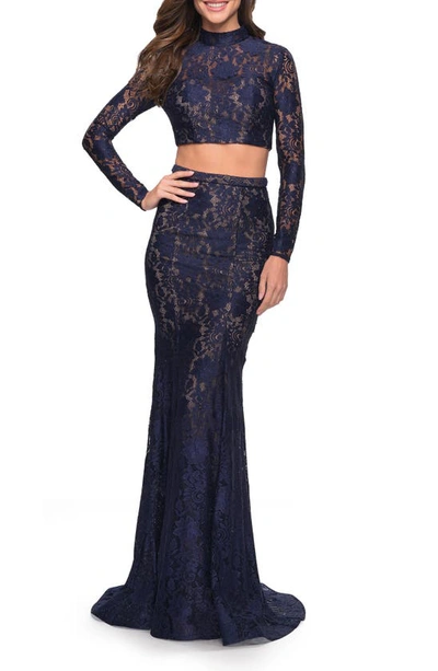 La Femme Embellished Two-piece Long-sleeve Lace Mermaid Gown In Navy