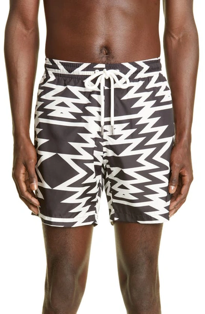 Moncler Geometric Print Swim Trunks In Black,white