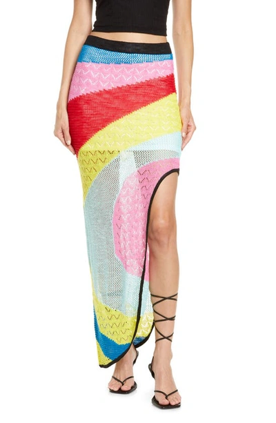 Staud Centre Asymmetric Striped Pointelle-knit Midi Skirt In Multi