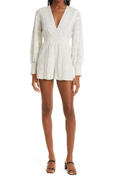Alice And Olivia Darla Embroidered Long Sleeve Cotton Romper In White