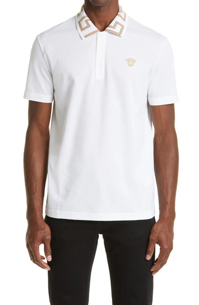 Versace Greco Collar Cotton Piqué Polo In Optical White