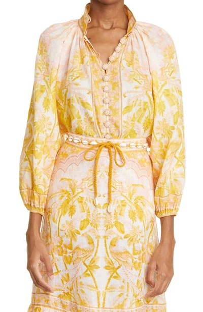 Zimmermann Lyre Bead-embellished Printed Ramie Blouse In Yellow Palm