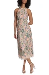 Maggy London Embroidered Floral Halter Neck Dress In Red/ Pink Multi