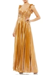 Mac Duggal Pleated Metallic Sleeveless Gown In Gold