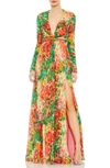 Ieena For Mac Duggal Floral Print Front Twist V Neck Long Sleeve Gown In Green Multi