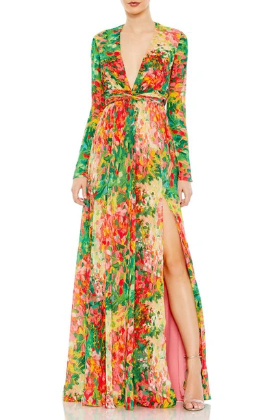 Ieena For Mac Duggal Floral Print Front Twist V Neck Long Sleeve Gown In Green Multi