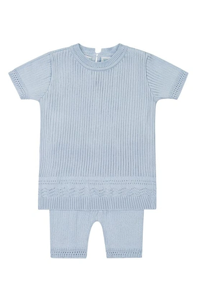 Feltman Brothers Babies' Kids' Pointelle Rib Short Sleeve Jumper & Trousers Set In Powder Blue