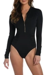 La Blanca Island Goddess Shirred Rashguard Paddlesuit In Black