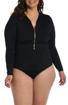 La Blanca Plus Size Island Goddess Shirred Paddlesuit In Black