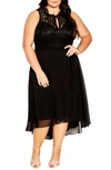 City Chic Trendy Plus Size High-low Keyhole Belted Lace Dress In Black