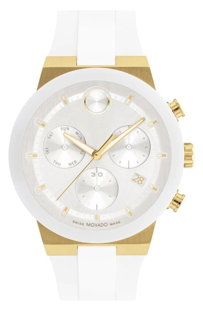 Movado Men's Swiss Chronograph Bold Fusion White Silicone Strap Watch 44mm In Gold Tone / White / Yellow