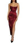House Of Cb Flora Pleated Satin Midi Dress In Wine