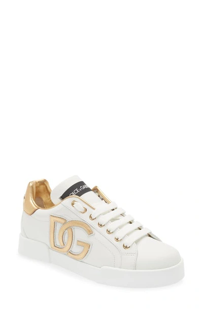 Dolce & Gabbana Portofino Logo Detail Leather Sneakers In White